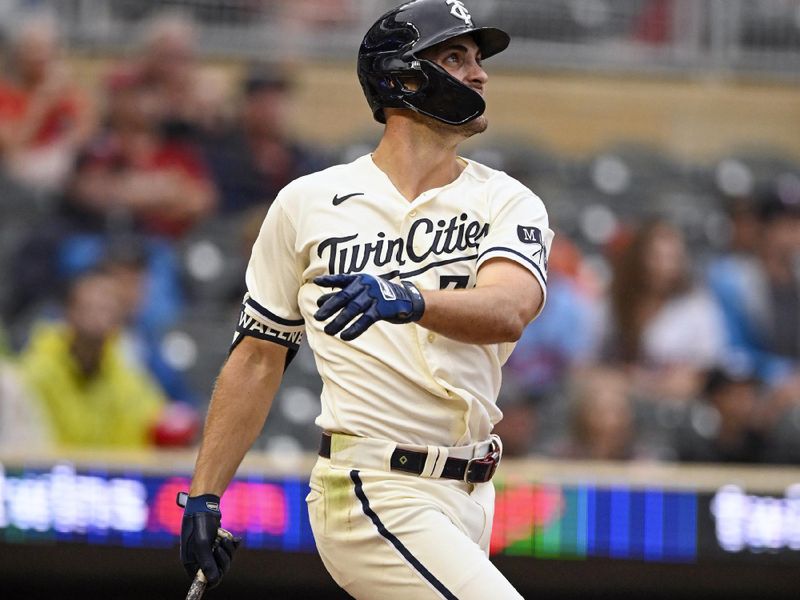 Aug 6, 2023; Minneapolis, Minnesota, USA;  Minnesota Twins outfielder Matt Wallner (38) hits a two-run walk-off home run against the Arizona Diamondbacks during the ninth inning at Target Field. Mandatory Credit: Nick Wosika-USA TODAY Sports