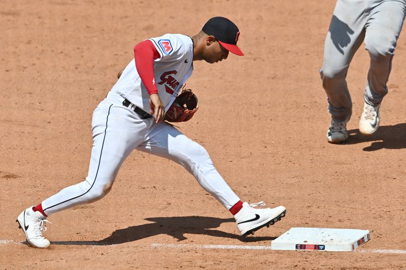 Aug 10, 2023; Cleveland, Ohio, USA; Cleveland Guardians third baseman Brayan Rocchio (6) forces out Toronto Blue Jays catcher Danny Jansen (9) at third during the sixth inning at Progressive Field. Mandatory Credit: Ken Blaze-USA TODAY Sports