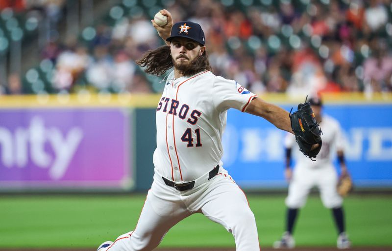 May 2, 2024; Houston, Texas, USA; Houston Astros starting pitcher Spencer Arrighetti (41) delivers a pitch during the first inning against the Cleveland Guardians at Minute Maid Park. Mandatory Credit: Troy Taormina-USA TODAY Sports