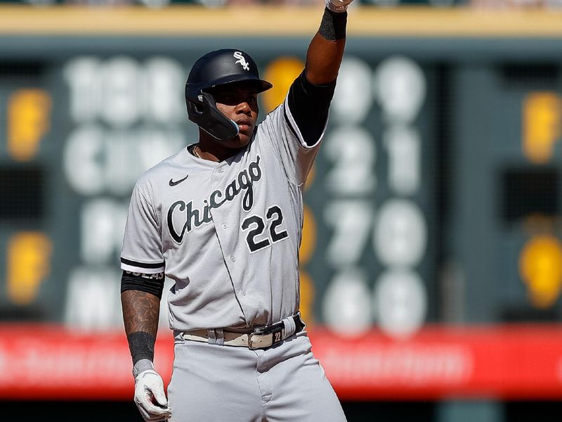 Aug 20, 2023; Denver, Colorado, USA; Chicago White Sox right fielder Oscar Colas (22) reacts from second on a two RBI double in the eighth inning against the Colorado Rockies at Coors Field. Mandatory Credit: Isaiah J. Downing-USA TODAY Sports