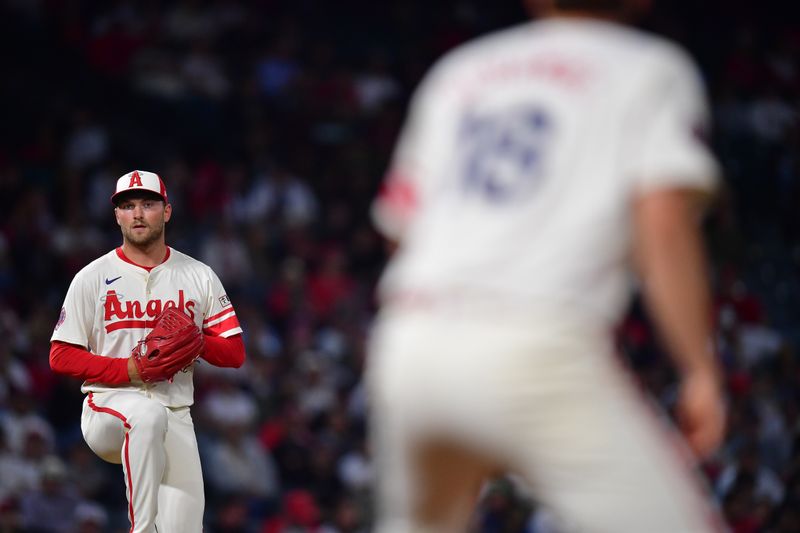 May 27, 2025; Anaheim, California, USA; Los Angeles Angels pitcher Reid Detmers (48) throws against the New York Yankees during the eighth inning at Angel Stadium. Mandatory Credit: Gary A. Vasquez-Imagn Images