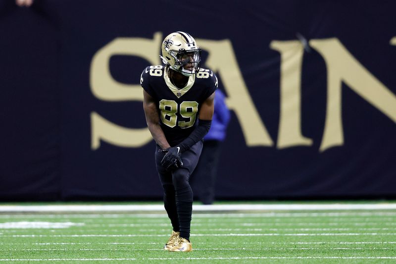 New Orleans Saints wide receiver Rashid Shaheed (89) during an NFL football game against the Las Vegas Raiders, Sunday, Oct. 30, 2022, in New Orleans. (AP Photo/Tyler Kaufman)