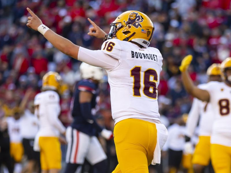 Nov 25, 2022; Tucson, Arizona, USA; Arizona State Sun Devils quarterback Trenton Bourguet (16) celebrates a touchdown against the Arizona Wildcats during the Territorial Cup at Arizona Stadium. Mandatory Credit: Mark J. Rebilas-USA TODAY Sports