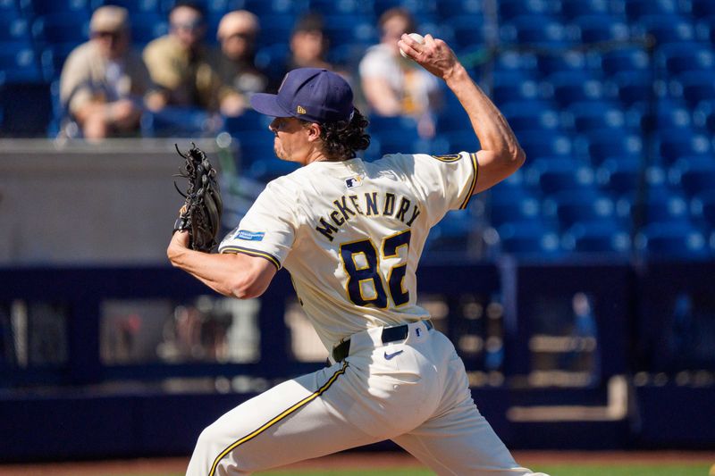 Mar 1, 2024; Phoenix, Arizona, USA;  Milwaukee Brewers pitcher Evan McKendry (82) on the mound in the fourth during a spring training game against the San Diego Padres at American Family Fields of Phoenix. Mandatory Credit: Allan Henry-USA TODAY Sports