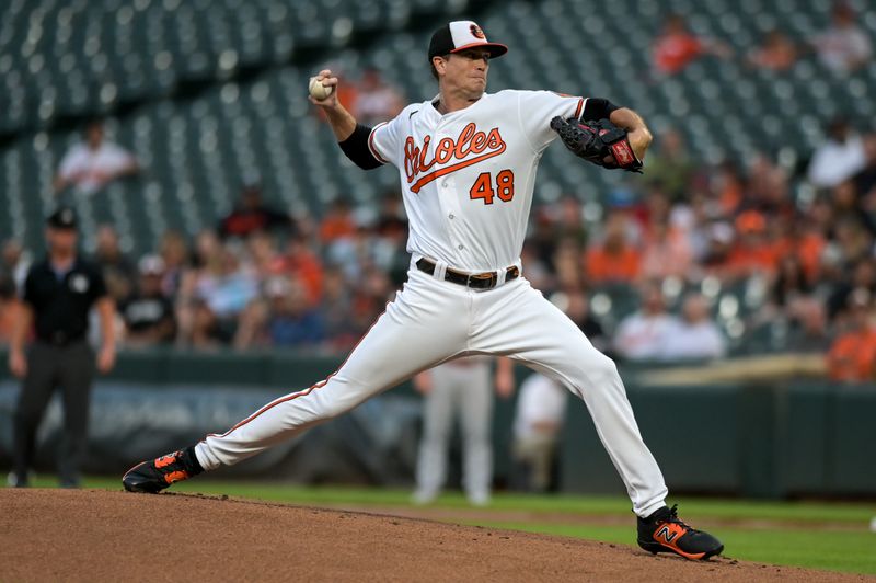 Sep 13, 2023; Baltimore, Maryland, USA;  Baltimore Orioles starting pitcher Kyle Gibson (48) throws a first inning pitch against the St. Louis Cardinals at Oriole Park at Camden Yards. Mandatory Credit: Tommy Gilligan-USA TODAY Sports