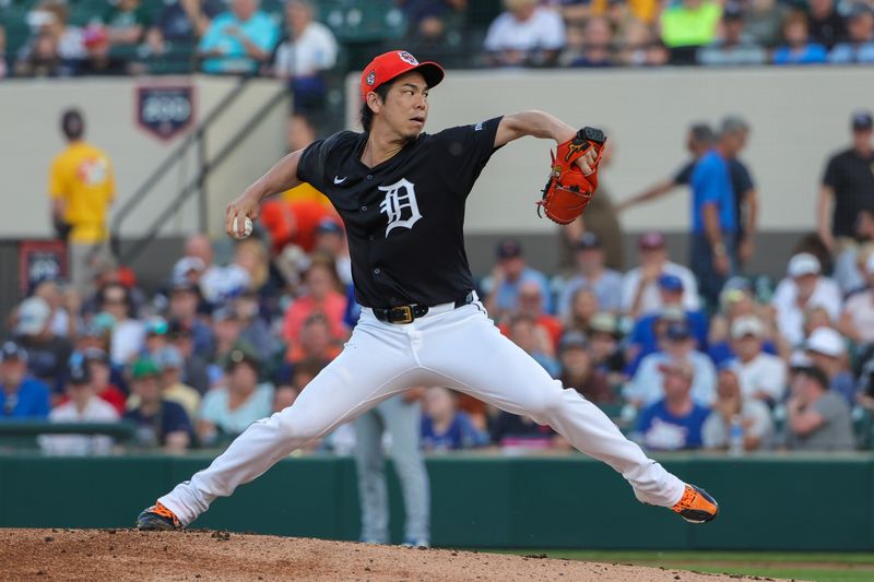 Mar 7, 2024; Lakeland, Florida, USA; Detroit Tigers starting pitcher Kenta Maeda (18) pitches during the first inning against the Toronto Blue Jays at Publix Field at Joker Marchant Stadium. Mandatory Credit: Mike Watters-USA TODAY Sports