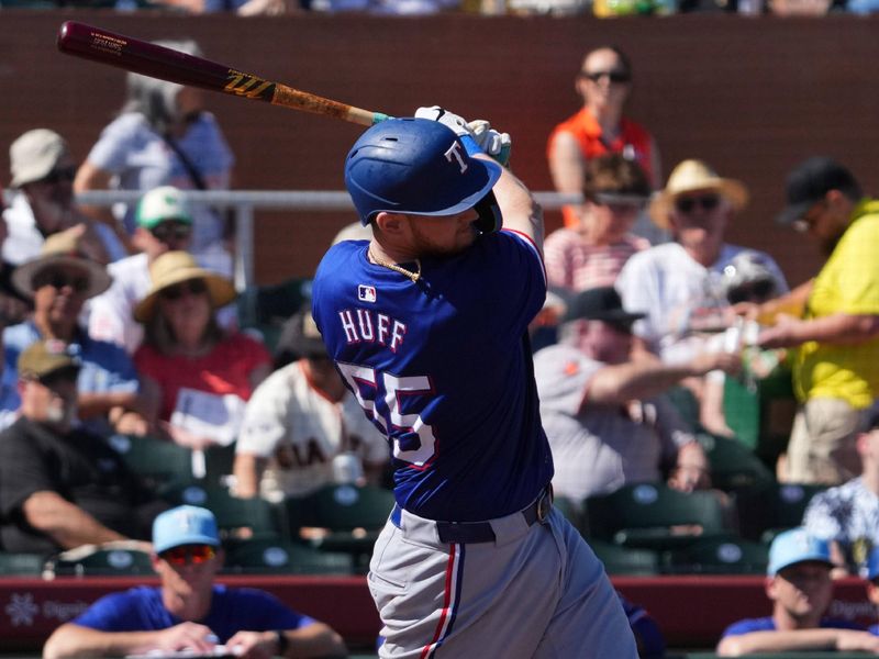 Mar 1, 2024; Scottsdale, Arizona, USA; Texas Rangers catcher Sam Huff (55) bats against the San Francisco Giants during the second inning at Scottsdale Stadium. Mandatory Credit: Joe Camporeale-USA TODAY Sports