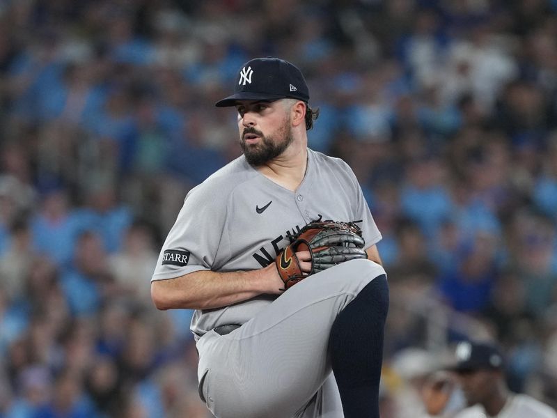 Jun 30, 2025; Toronto, Ontario, CAN; New York Yankees starting pitcher Carlos Rodon (55) throws a pitch against the Toronto Blue Jays during the first inning at Rogers Centre. Mandatory Credit: Nick Turchiaro-Imagn Images