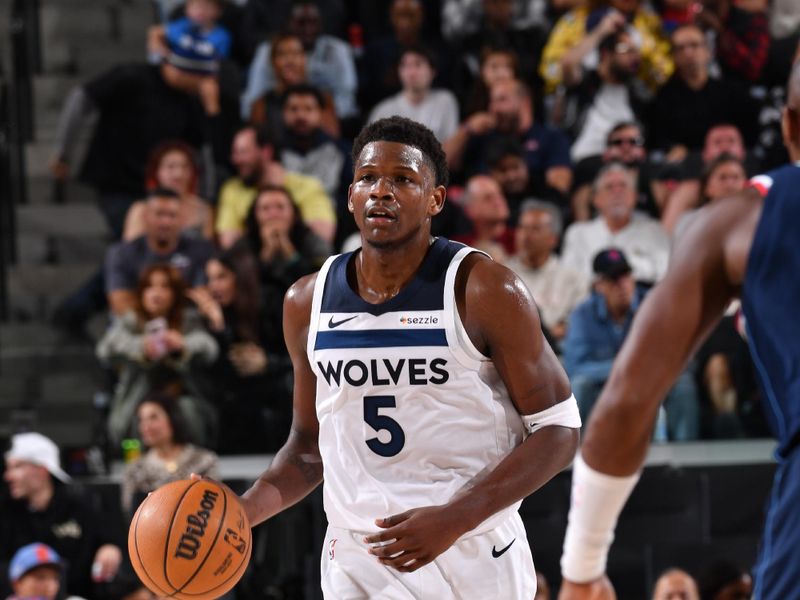 INGLEWOOD, CA - DECEMBER 4:  Anthony Edwards #5 of the Minnesota Timberwolves dribbles the ball during the game against the LA Clippers during a regular season game on December 4, 2024 at Intuit Dome in Los Angeles, California. NOTE TO USER: User expressly acknowledges and agrees that, by downloading and/or using this Photograph, user is consenting to the terms and conditions of the Getty Images License Agreement. Mandatory Copyright Notice: Copyright 2024 NBAE (Photo by Juan Ocampo/NBAE via Getty Images)