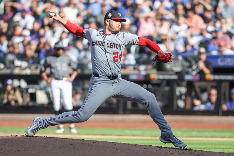 Sep 20, 2025; New York City, New York, USA; Washington Nationals starting pitcher Cade Cavalli (24) pitches in the first inning against the New York Mets at Citi Field. Mandatory Credit: Wendell Cruz-Imagn Images