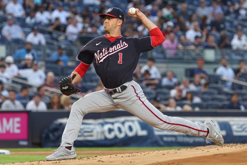 Aug 23, 2023; Bronx, New York, USA; Washington Nationals starting pitcher MacKenzie Gore (1) delivers a pitch during the first inning against the New York Yankees at Yankee Stadium. Mandatory Credit: Vincent Carchietta-USA TODAY Sports