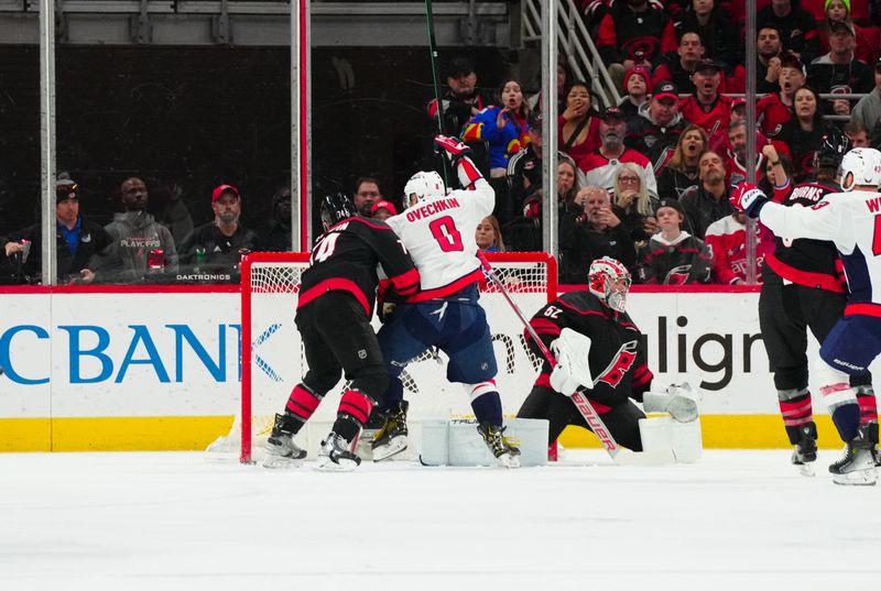 Apr 5, 2024; Raleigh, North Carolina, USA; Washington Capitals left wing Alex Ovechkin (8) celebrates his goal past Carolina Hurricanes goaltender Pyotr Kochetkov (52) during the first period at PNC Arena. Mandatory Credit: James Guillory-USA TODAY Sports