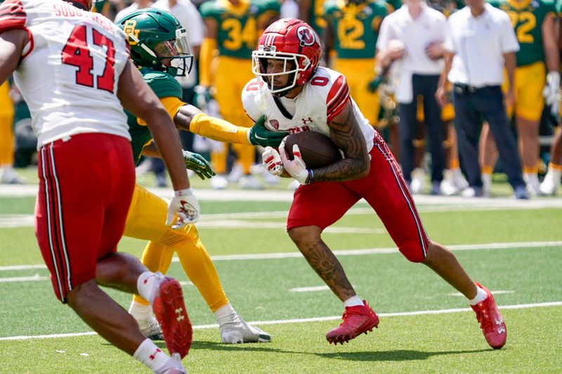 Sep 9, 2023; Waco, Texas, USA; Utah Utes wide receiver Mikey Matthews (0) runs after the catch against the Baylor Bears during the second half at McLane Stadium. Mandatory Credit: Raymond Carlin III-USA TODAY Sports