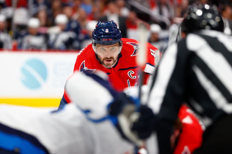 Mar 24, 2024; Washington, District of Columbia, USA; Washington Capitals left wing Alex Ovechkin (8) looks on during a face off against the Winnipeg Jets in the third period at Capital One Arena. Mandatory Credit: Amber Searls-USA TODAY Sports