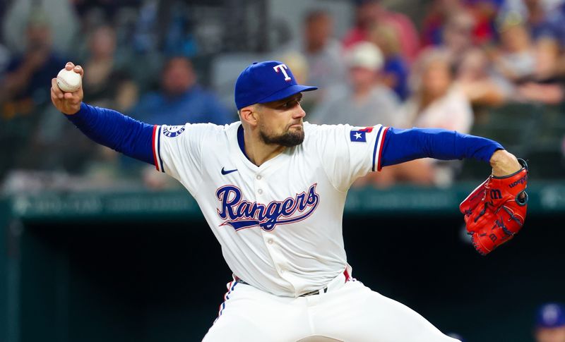 Jul 24, 2024; Arlington, Texas, USA; Texas Rangers starting pitcher Nathan Eovaldi (17) throws during the first inning against the Chicago White Sox at Globe Life Field. Mandatory Credit: Kevin Jairaj-USA TODAY Sports