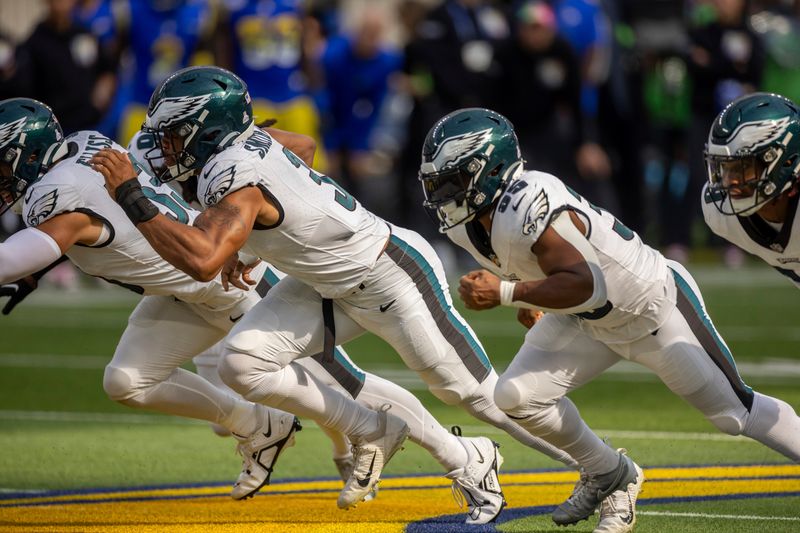 The Philadelphia Eagles rush on special teams against the Los Angeles Rams in an NFL football game, Sunday, Oct. 8, 2023, in Inglewood, Calif. Eagles won 23-14. (AP Photo/Jeff Lewis)