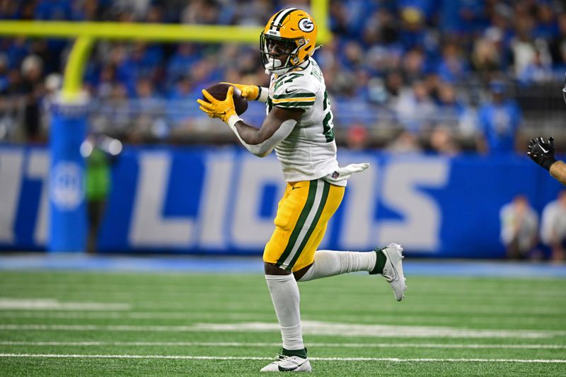 Green Bay Packers running back Patrick Taylor catches a pass during the first half of an NFL football game against the Detroit Lions, Thursday, Nov. 23, 2023, in Detroit. The Packers won 29-22. (AP Photo/David Dermer)