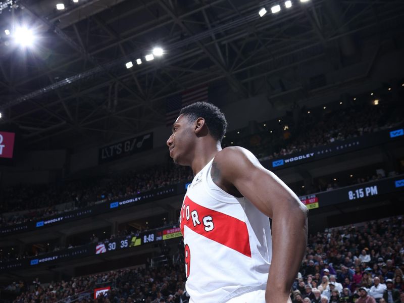 SALT LAKE CITY, UT - JANUARY 12: RJ Barrett #9 of the Toronto Raptors smiles during the game against the Utah Jazz on January 12, 2024 at Delta Center in Salt Lake City, Utah. NOTE TO USER: User expressly acknowledges and agrees that, by downloading and or using this Photograph, User is consenting to the terms and conditions of the Getty Images License Agreement. Mandatory Copyright Notice: Copyright 2024 NBAE (Photo by Melissa Majchrzak/NBAE via Getty Images)