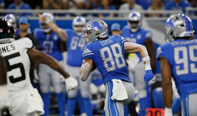 Detroit Lions wide receiver Chase Cota (88) returns a kickoff against the Jacksonville Jaguars during the first half of a preseason NFL football game, Saturday, Aug. 19, 2023, in Detroit. (AP Photo/Duane Burleson)