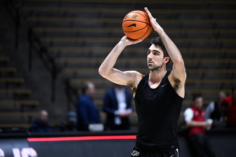 Feb 25, 2023; West Lafayette, Indiana, USA; Purdue Boilermakers guard Ethan Morton (25) shoots the ball before the game against the Indiana Hoosiers at Mackey Arena. Mandatory Credit: Marc Lebryk-USA TODAY Sports