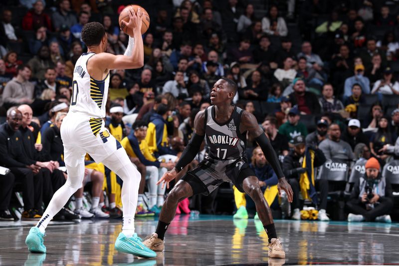 BROOKLYN, NY - DECEMBER 4: Dennis Schroder #17 of the Brooklyn Nets plays defense during the game against the Indiana Pacers on December 4, 2024 at Barclays Center in Brooklyn, New York. NOTE TO USER: User expressly acknowledges and agrees that, by downloading and or using this Photograph, user is consenting to the terms and conditions of the Getty Images License Agreement. Mandatory Copyright Notice: Copyright 2024 NBAE (Photo by Jeff Haynes/NBAE via Getty Images)