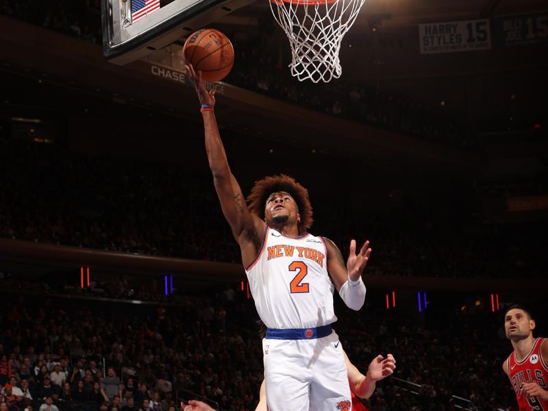 NEW YORK, NY - NOVEMBER 13: Miles McBride #2 of the New York Knicks drives to the basket during the game against the Chicago Bulls on November 13, 2024 at Madison Square Garden in New York City, New York.  NOTE TO USER: User expressly acknowledges and agrees that, by downloading and or using this photograph, User is consenting to the terms and conditions of the Getty Images License Agreement. Mandatory Copyright Notice: Copyright 2024 NBAE  (Photo by Joe Murphy/NBAE via Getty Images)