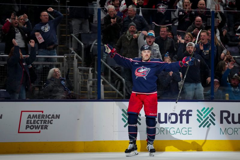 Nov 2, 2023; Columbus, Ohio, USA;  Columbus Blue Jackets defenseman Erik Gudbranson (44) celebrates scoring a goal against the Tampa Bay Lightning in the third period at Nationwide Arena. Mandatory Credit: Aaron Doster-USA TODAY Sports