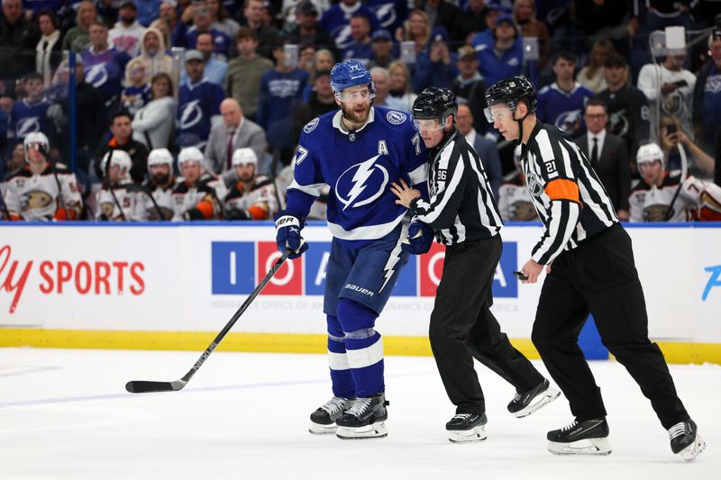 Jan 13, 2024; Tampa, Florida, USA;  Tampa Bay Lightning defenseman Victor Hedman (77) reacts after a called penalty against the Anaheim Ducks in the second period at Amalie Arena. Mandatory Credit: Nathan Ray Seebeck-USA TODAY Sports