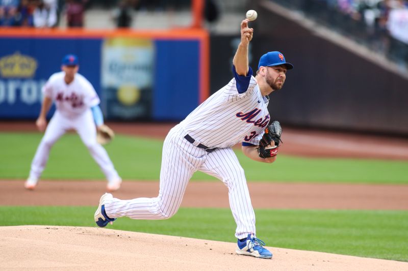 Jun 3, 2023; New York City, New York, USA;  New York Mets starting pitcher Tylor Megill (38) pitches in the first inning against the Toronto Blue Jays at Citi Field. Mandatory Credit: Wendell Cruz-USA TODAY Sports