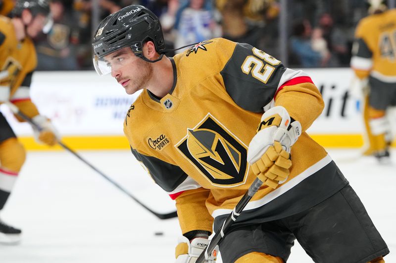Jan 15, 2026; Las Vegas, Nevada, USA; Vegas Golden Knights center Tanner Laczynski (28) warms up before a game against the Toronto Maple Leafs at T-Mobile Arena. Mandatory Credit: Stephen R. Sylvanie-Imagn Images