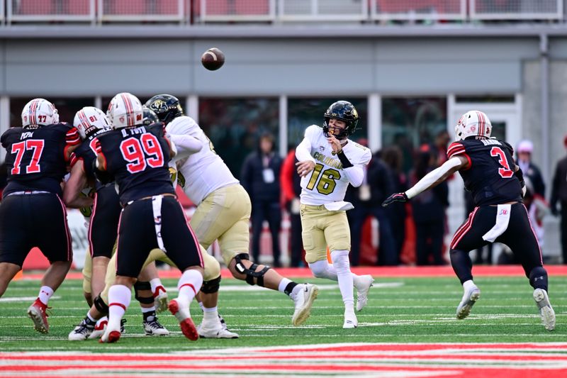 Nov 25, 2023; Salt Lake City, Utah, USA; Colorado Buffaloes quarterback Ryan Staub (16) passes the ball downfield against the Utah Utes at Rice-Eccles Stadium. Mandatory Credit: Christopher Creveling-USA TODAY Sports