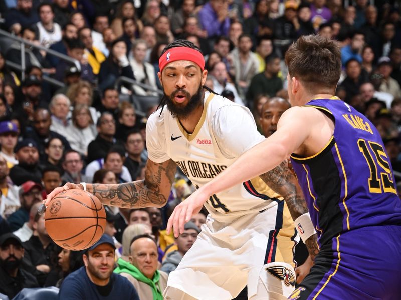 LOS ANGELES, CA - FEBRUARY 9: Brandon Ingram #14 of the New Orleans Pelicans dribbles the ball during the game against the Los Angeles Lakers on February 9, 2024 at Crypto.Com Arena in Los Angeles, California. NOTE TO USER: User expressly acknowledges and agrees that, by downloading and/or using this Photograph, user is consenting to the terms and conditions of the Getty Images License Agreement. Mandatory Copyright Notice: Copyright 2024 NBAE (Photo by Andrew D. Bernstein/NBAE via Getty Images)