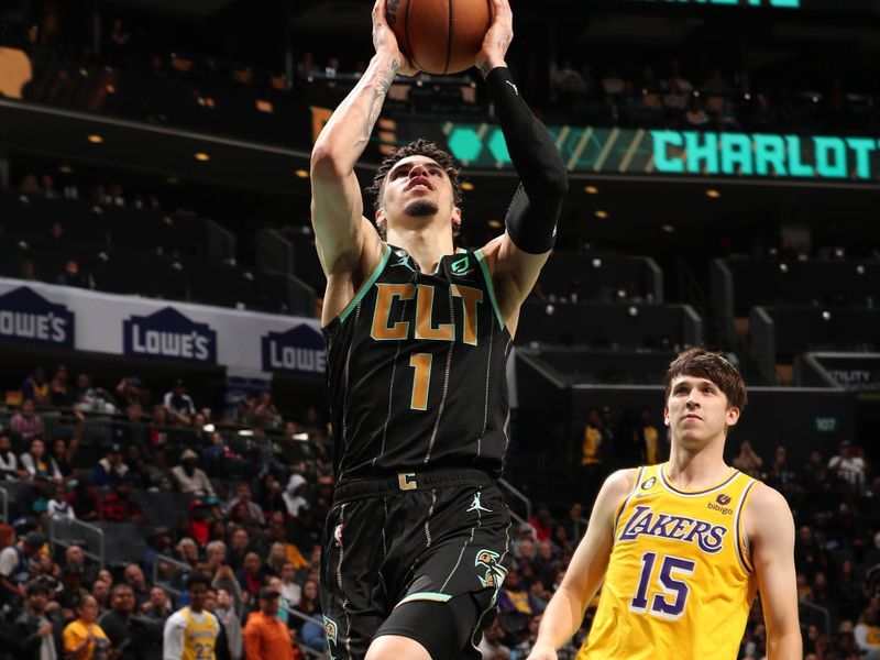 CHARLOTTE, NC - JANUARY 2: LaMelo Ball #1 of the Charlotte Hornets shoots the ball during the game against the Los Angeles Lakers on January 2, 2023 at Spectrum Center in Charlotte, North Carolina. NOTE TO USER: User expressly acknowledges and agrees that, by downloading and or using this photograph, User is consenting to the terms and conditions of the Getty Images License Agreement. Mandatory Copyright Notice: Copyright 2023 NBAE (Photo by Kent Smith/NBAE via Getty Images)