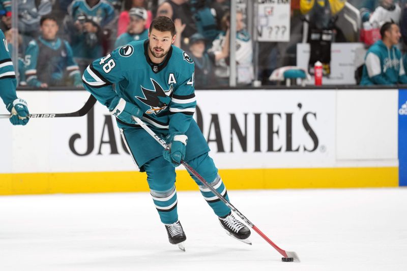 Nov 4, 2023; San Jose, California, USA; San Jose Sharks center Tomas Hertl (48) warms up before the game against the Pittsburgh Penguins at SAP Center at San Jose. Mandatory Credit: Darren Yamashita-USA TODAY Sports