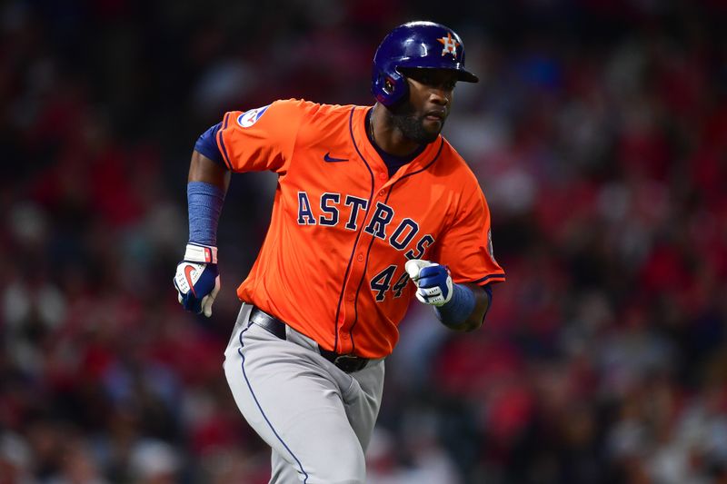 Jun 7, 2024; Anaheim, California, USA; Houston Astros outfielder Yordan Alvarez (44) runs after hitting a three run RBI double against the Los Angeles Angels during the seventh inning at Angel Stadium. Mandatory Credit: Gary A. Vasquez-USA TODAY Sports