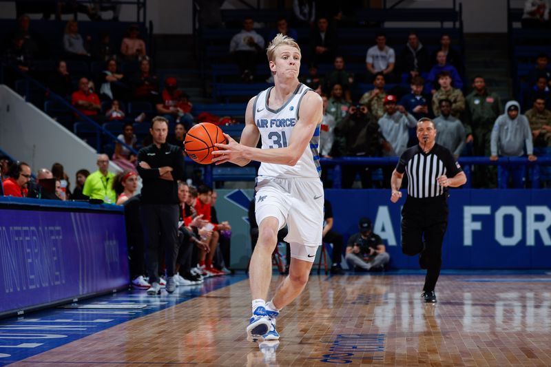 Feb 10, 2023; Colorado Springs, Colorado, USA; Air Force Falcons forward Rytis Petraitis (31) controls the ball in the second half against the New Mexico Lobos at Clune Arena. Mandatory Credit: Isaiah J. Downing-USA TODAY Sports