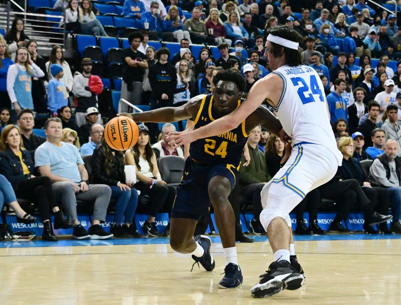 Feb 18, 2023; Los Angeles, California, USA; UCLA Bruins guard Jaime Jaquez Jr. (24) defends against California Golden Bears forward Sam Alajiki (24) in a college basketball game at Pauley Pavilion presented by Wescom. Mandatory Credit: Richard Mackson-USA TODAY Sports