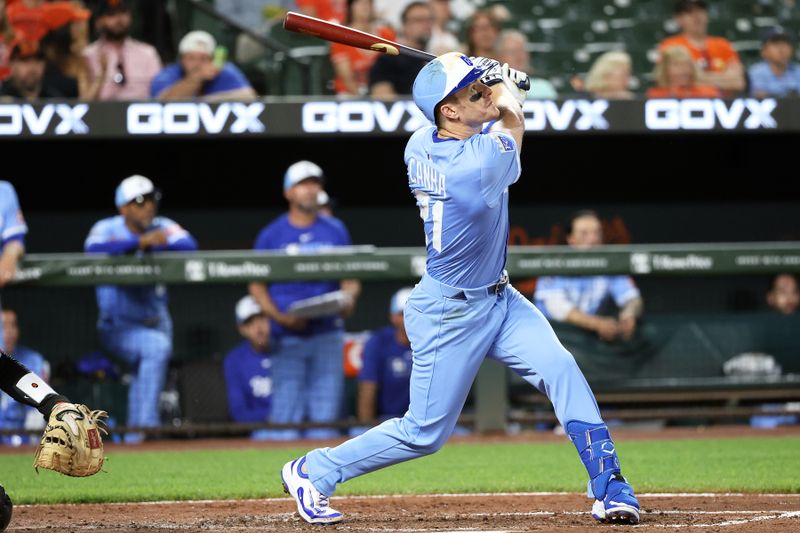 May 2, 2025; Baltimore, Maryland, USA; Kansas City Royals first baseman Mark Canha (21) flies out during the seventh inning against the Baltimore Orioles at Oriole Park at Camden Yards. Mandatory Credit: Daniel Kucin Jr.-Imagn Images
