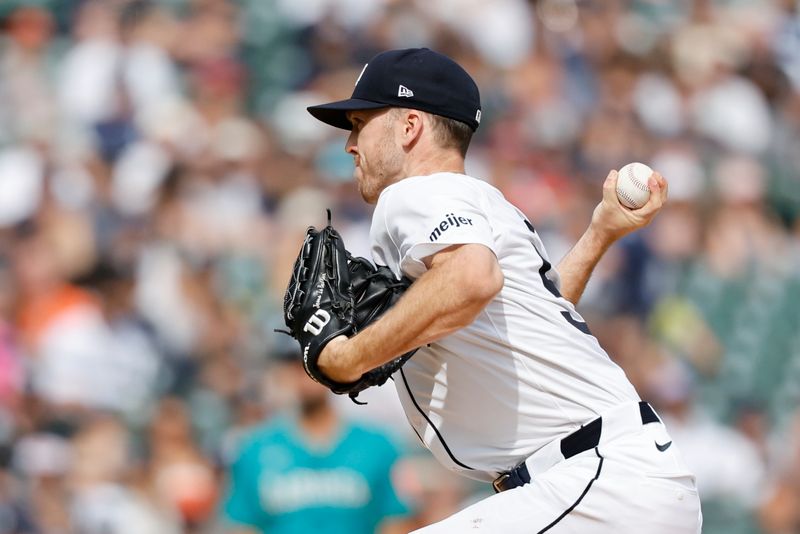 Jul 12, 2025; Detroit, Michigan, USA; Detroit Tigers pitcher Chase Lee (53) pitches in the eighth inning against the Seattle Mariners at Comerica Park. Mandatory Credit: Rick Osentoski-Imagn Images