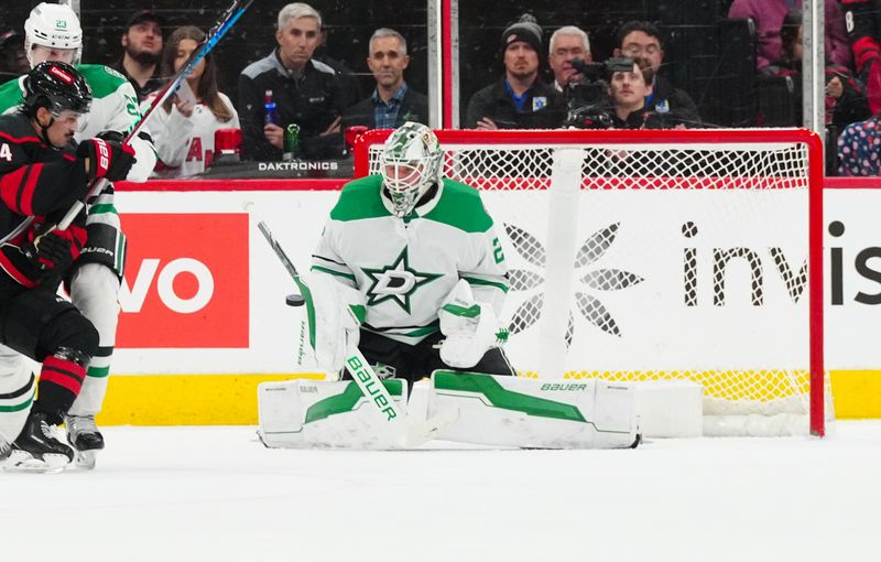 Nov 25, 2024; Raleigh, North Carolina, USA;  Dallas Stars goaltender Jake Oettinger (29) stops the shot against the Carolina Hurricanes during the second period at Lenovo Center. Mandatory Credit: James Guillory-Imagn Images