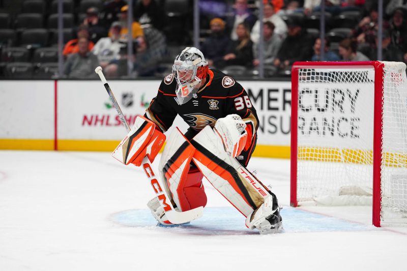 Nov 22, 2023; Anaheim, California, USA; Anaheim Ducks goaltender John Gibson (36) defends the goal against the Montreal Canadiens in the first period at Honda Center. Mandatory Credit: Kirby Lee-USA TODAY Sports