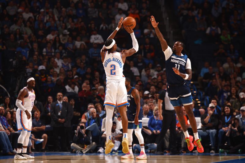 OKLAHOMA CITY, OK - FEBRUARY 24: Shai Gilgeous-Alexander #2 of the Oklahoma City Thunder shoots the ball during the game against the Minnesota Timberwolves  on February 24, 2025 at Paycom Center in Oklahoma City, Oklahoma. NOTE TO USER: User expressly acknowledges and agrees that, by downloading and or using this photograph, User is consenting to the terms and conditions of the Getty Images License Agreement. Mandatory Copyright Notice: Copyright 2025 NBAE (Photo by Zach Beeker/NBAE via Getty Images)