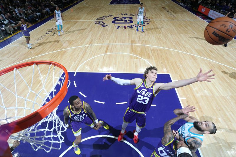 SALT LAKE CITY, UT - FEBRUARY 22: Lauri Markkanen #23 of the Utah Jazz rebounds the ball during the game against the Charlotte Hornets on February 22, 2024 at Delta Center in Salt Lake City, Utah. NOTE TO USER: User expressly acknowledges and agrees that, by downloading and or using this Photograph, User is consenting to the terms and conditions of the Getty Images License Agreement. Mandatory Copyright Notice: Copyright 2024 NBAE (Photo by Melissa Majchrzak/NBAE via Getty Images)