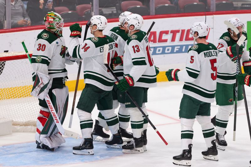 Mar 26, 2026; Sunrise, Florida, USA; Minnesota Wild center Joel Eriksson Ek (14) and goaltender Jesper Wallstedt (30) celebrate after the game against the Florida Panthers at Amerant Bank Arena. Mandatory Credit: Sam Navarro-Imagn Images Mar 26, 2026; Sunrise, Florida, USA; Minnesota Wild center Joel Eriksson Ek (14) and goaltender Jesper Wallstedt (30) celebrate after the game against the Florida Panthers at Amerant Bank Arena. Mandatory Credit: Sam Navarro-Imagn Images