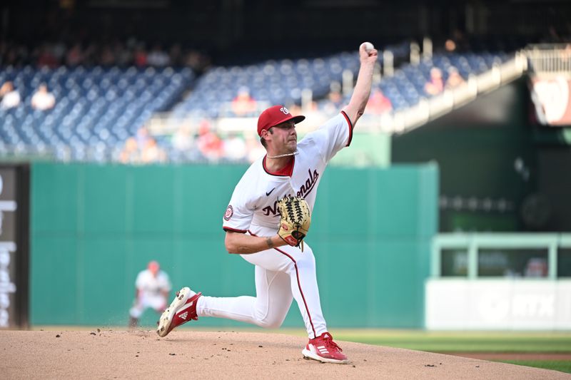 May 20, 2024; Washington, District of Columbia, USA; Washington Nationals pitcher Mitchell Parker (70) throws a pitch against the Minnesota Twins during the first inning at Nationals Park. Mandatory Credit: Rafael Suanes-USA TODAY Sports