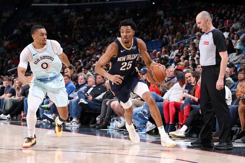 NEW ORLEANS, LA - FEBRUARY 23:  Trey Murphy III #25 of the New Orleans Pelicans drives to the basket during the game against the New Orleans Pelicans on February 23, 2025 at the Smoothie King Center in New Orleans, Louisiana. NOTE TO USER: User expressly acknowledges and agrees that, by downloading and or using this Photograph, user is consenting to the terms and conditions of the Getty Images License Agreement. Mandatory Copyright Notice: Copyright 2025 NBAE (Photo by Jeff Haynes/NBAE via Getty Images)