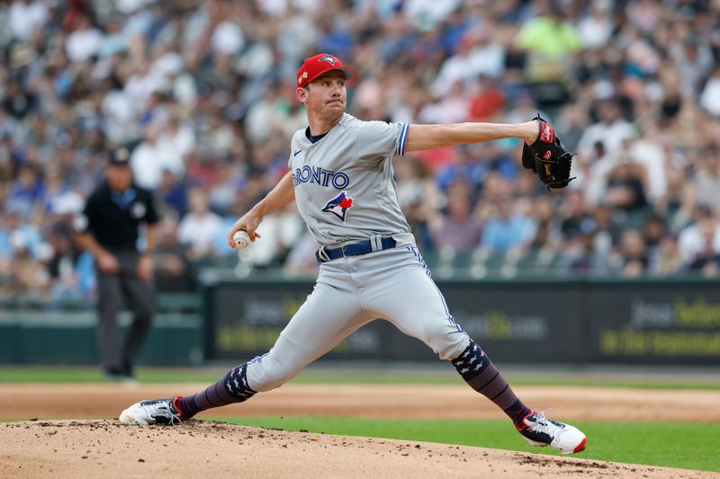 Jul 4, 2023; Chicago, Illinois, USA; Toronto Blue Jays starting pitcher Chris Bassitt (40) delivers a pitch against the Chicago White Sox during the first inning at Guaranteed Rate Field. Mandatory Credit: Kamil Krzaczynski-USA TODAY Sports