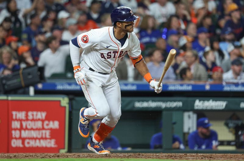 Apr 3, 2024; Houston, Texas, USA; Houston Astros shortstop Jeremy Pena (3) hits a home run during the seventh inning against the Toronto Blue Jays at Minute Maid Park. Mandatory Credit: Troy Taormina-USA TODAY Sports