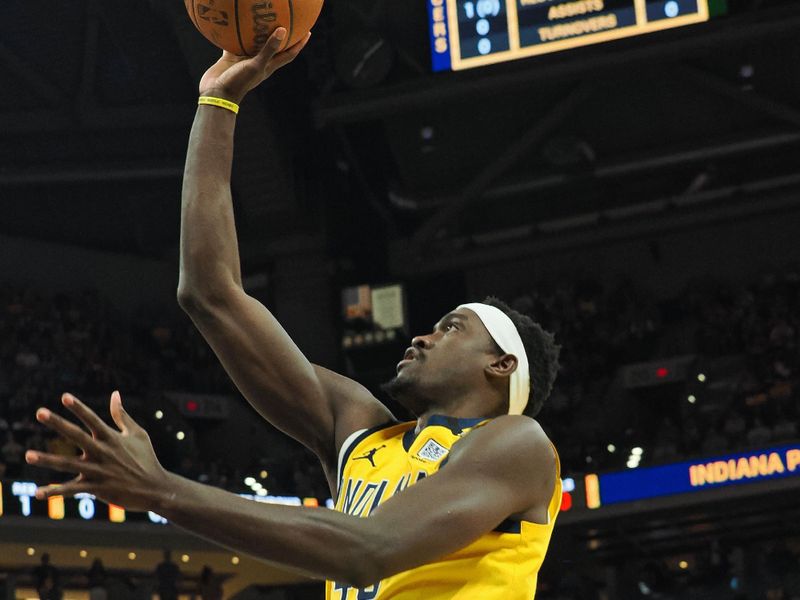 INDIANAPOLIS, IN - APRIL 28: Pascal Siakam #43 of the Indiana Pacers shoots the ball during the game against the Milwaukee Bucks during Round 1 Game 4 of the 2024 NBA Playoffs on April 28, 2024 at Gainbridge Fieldhouse in Indianapolis, Indiana. NOTE TO USER: User expressly acknowledges and agrees that, by downloading and or using this Photograph, user is consenting to the terms and conditions of the Getty Images License Agreement. Mandatory Copyright Notice: Copyright 2024 NBAE (Photo by Ron Hoskins/NBAE via Getty Images)