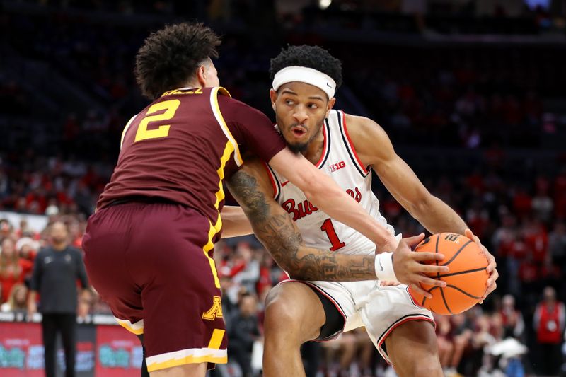 Dec 3, 2023; Columbus, Ohio, USA;  Ohio State Buckeyes guard Roddy Gayle Jr. (1) fights for the ball with Minnesota Golden Gophers guard Mike Mitchell Jr. (2) during the second half at Value City Arena. Mandatory Credit: Joseph Maiorana-USA TODAY Sports